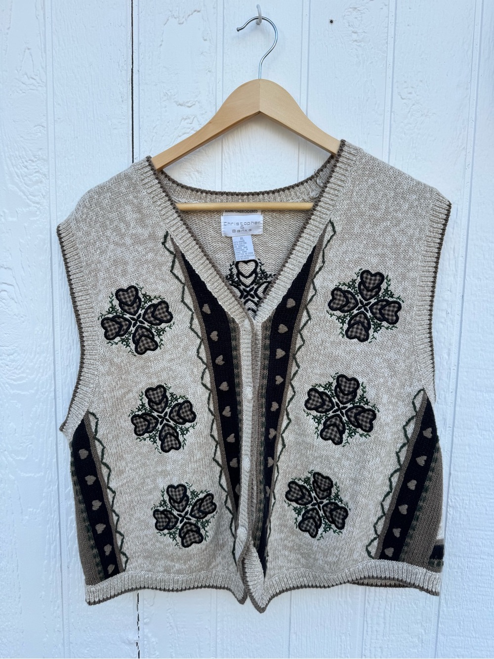 Christopher & Banks Beige Floral Embroidered V-Neck Sweater Vest
